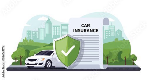 Modern vector illustration of car with protective shield symbolizing auto insurance coverage. Vehicle safety, accident protection and financial security concept