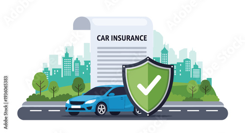Modern vector illustration of car with protective shield symbolizing auto insurance coverage. Vehicle safety, accident protection and financial security concept
