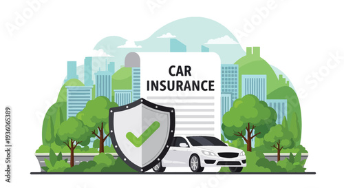 Modern vector illustration of car with protective shield symbolizing auto insurance coverage. Vehicle safety, accident protection and financial security concept