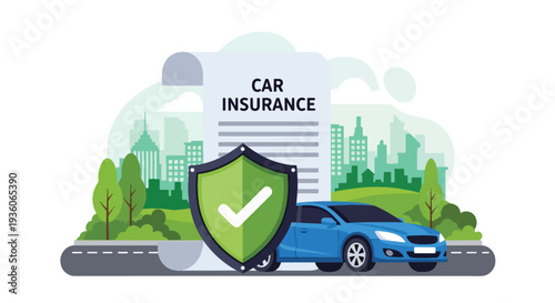 Modern vector illustration of car with protective shield symbolizing auto insurance coverage. Vehicle safety, accident protection and financial security concept