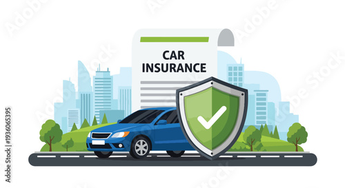 Modern vector illustration of car with protective shield symbolizing auto insurance coverage. Vehicle safety, accident protection and financial security concept