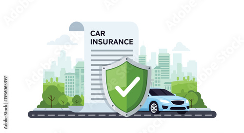 Modern vector illustration of car with protective shield symbolizing auto insurance coverage. Vehicle safety, accident protection and financial security concept