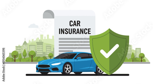 Modern vector illustration of car with protective shield symbolizing auto insurance coverage. Vehicle safety, accident protection and financial security concept