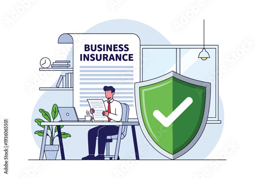 Flat vector illustration of business insurance concept with professional agent reviewing documents and green shield protection symbol, corporate risk management and financial security design