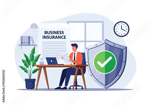 Flat vector illustration of business insurance concept with professional agent reviewing documents and green shield protection symbol, corporate risk management and financial security design