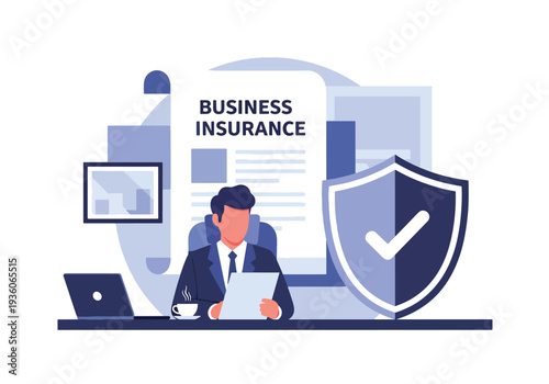 Flat vector illustration of business insurance concept with professional agent reviewing documents and green shield protection symbol, corporate risk management and financial security design