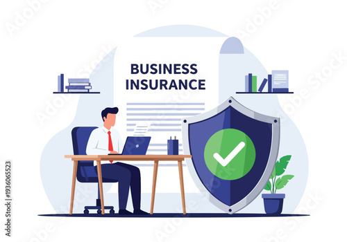 Flat vector illustration of business insurance concept with professional agent reviewing documents and green shield protection symbol, corporate risk management and financial security design