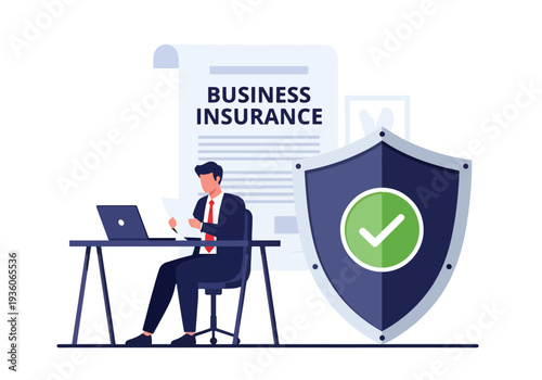 Flat vector illustration of business insurance concept with professional agent reviewing documents and green shield protection symbol, corporate risk management and financial security design