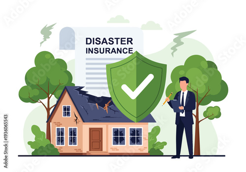 Modern vector illustration of broken building protected by shield icon representing disaster insurance coverage. Property safety, asset protection and risk management concept