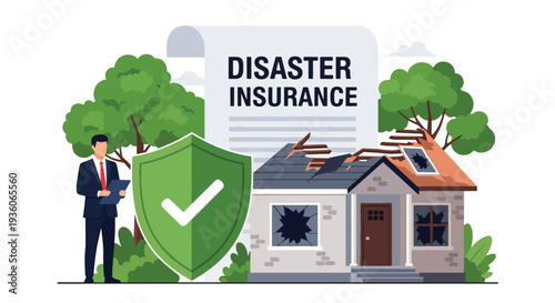 Modern vector illustration of broken building protected by shield icon representing disaster insurance coverage. Property safety, asset protection and risk management concept
