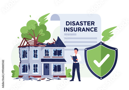 Modern vector illustration of broken building protected by shield icon representing disaster insurance coverage. Property safety, asset protection and risk management concept