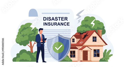 Modern vector illustration of broken building protected by shield icon representing disaster insurance coverage. Property safety, asset protection and risk management concept