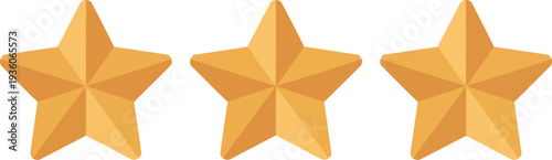 Three golden stars arranged in a horizontal line for rating or decoration purposes. Vector
