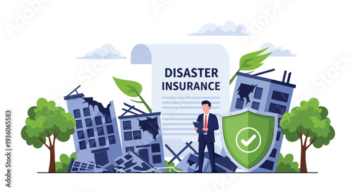 Modern vector illustration of broken building protected by shield icon representing disaster insurance coverage. Property safety, asset protection and risk management concept