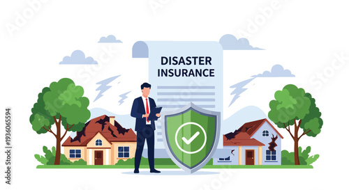 Modern vector illustration of broken building protected by shield icon representing disaster insurance coverage. Property safety, asset protection and risk management concept