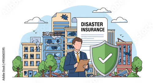 Modern vector illustration of broken building protected by shield icon representing disaster insurance coverage. Property safety, asset protection and risk management concept