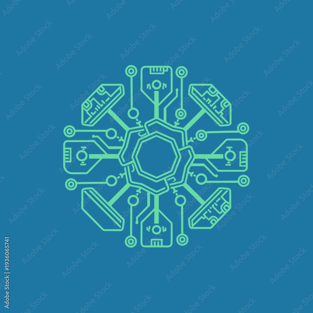 Fototapeta premium Digital circuit diagram with interconnected components on a blue background.