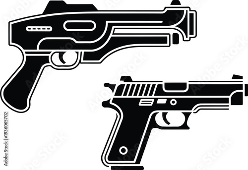 Black and white illustration of two different types of modern firearms side by side. Vector