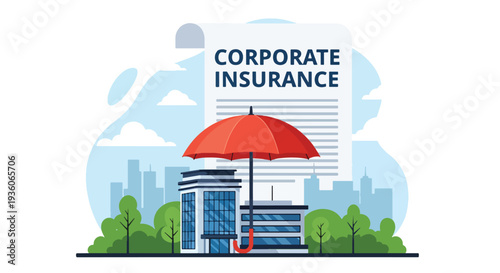 Flat vector illustration of corporate insurance concept with office building protected by red umbrella, business risk coverage, property protection and financial security strategy design
