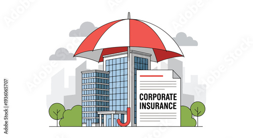 Flat vector illustration of corporate insurance concept with office building protected by red umbrella, business risk coverage, property protection and financial security strategy design