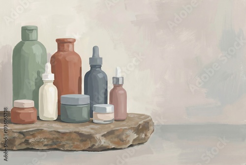 Unlabeled Botanical Skincare Bottles On A Natural Stone Slab