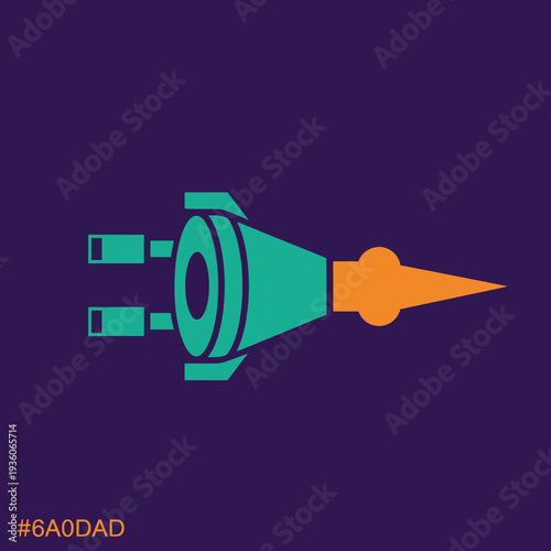 Stylized illustration of a rocket with orange flame on dark purple background