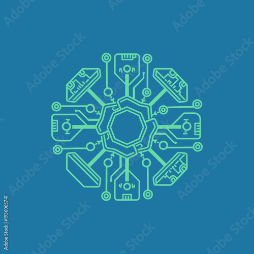 Digital circuit diagram with interconnected components on a blue background.
