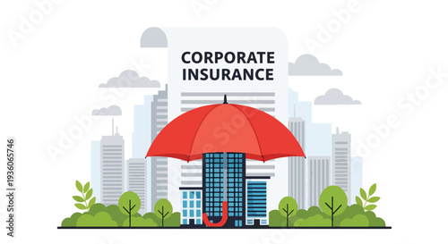 Flat vector illustration of corporate insurance concept with office building protected by red umbrella, business risk coverage, property protection and financial security strategy design