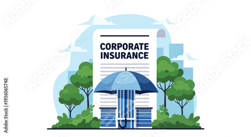 Flat vector illustration of corporate insurance concept with office building protected by red umbrella, business risk coverage, property protection and financial security strategy design