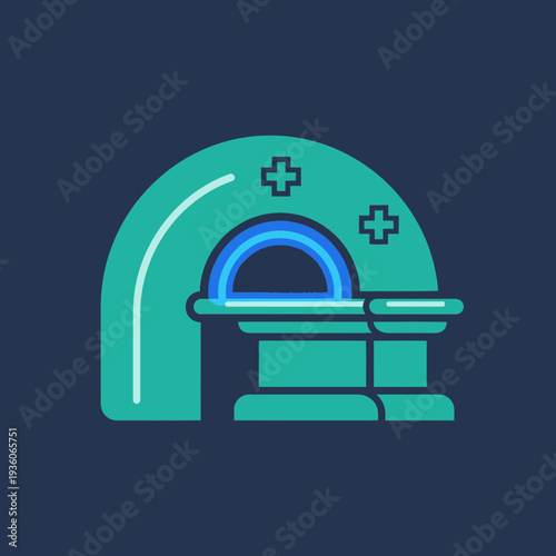 Illustration of a medical MRI scanner with medical cross symbols.