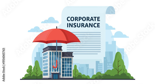 Flat vector illustration of corporate insurance concept with office building protected by red umbrella, business risk coverage, property protection and financial security strategy design
