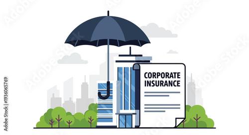 Flat vector illustration of corporate insurance concept with office building protected by red umbrella, business risk coverage, property protection and financial security strategy design