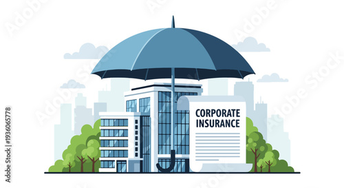 Flat vector illustration of corporate insurance concept with office building protected by red umbrella, business risk coverage, property protection and financial security strategy design