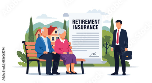 Modern vector illustration of elderly couple discussing retirement insurance plan with advisor. Long term financial security and pension protection concept