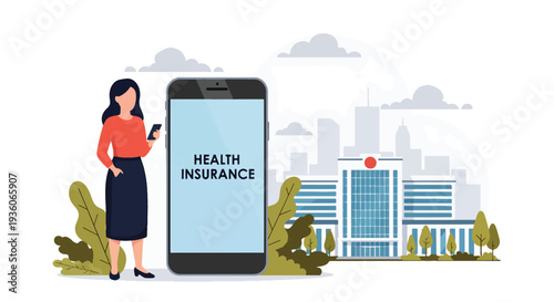 Modern vector illustration of customer paying health insurance premium online via smartphone banking app. Financial transaction and policy payment concept