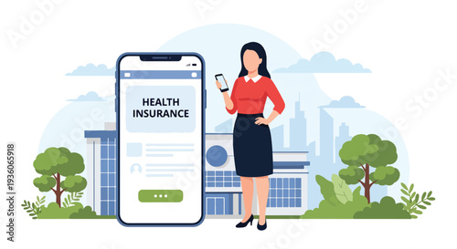 Modern vector illustration of customer paying health insurance premium online via smartphone banking app. Financial transaction and policy payment concept