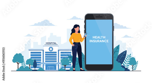 Modern vector illustration of customer paying health insurance premium online via smartphone banking app. Financial transaction and policy payment concept