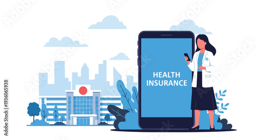 Modern vector illustration of customer paying health insurance premium online via smartphone banking app. Financial transaction and policy payment concept