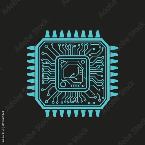 Digital illustration of a microchip with circuit pathways on a black background.