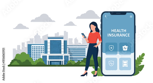 Modern vector illustration of customer paying health insurance premium online via smartphone banking app. Financial transaction and policy payment concept