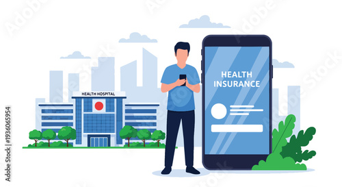 Modern vector illustration of customer paying health insurance premium online via smartphone banking app. Financial transaction and policy payment concept