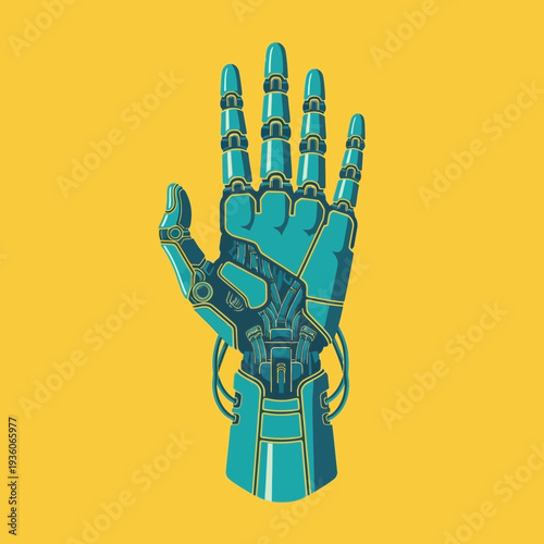 Digital illustration of a robotic hand with intricate mechanical details.