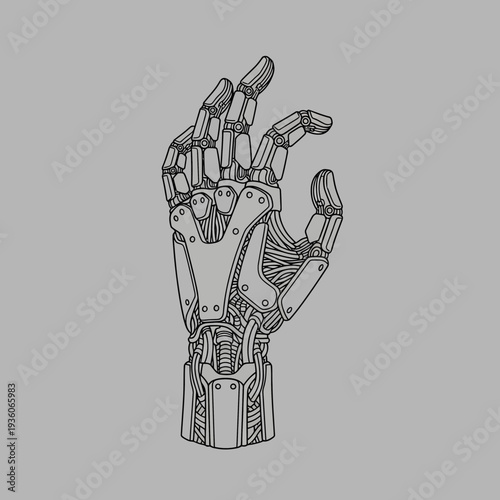 A robotic hand with detailed mechanical components and joints.