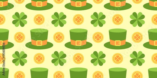 Seamless pattern with leprechaun hat, shamrock and gold coin. Irish lucky symbols background for StPatrick holiday, festive green print for card, wallpaper, fabric, wrapping and textile. Flat vector.