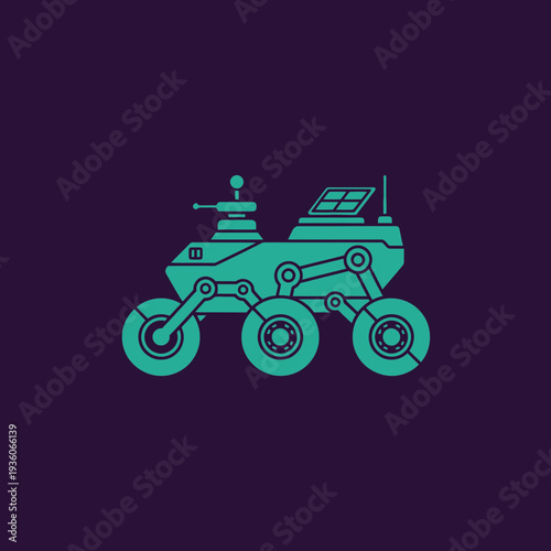 Illustration of a robotic rover with solar panels and multiple wheels.