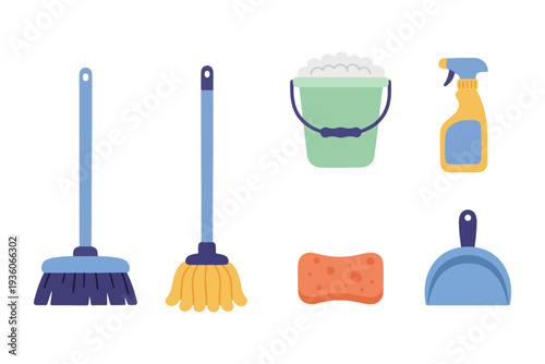 Essential Household Cleaning Supplies and Janitorial Tools Vector Set