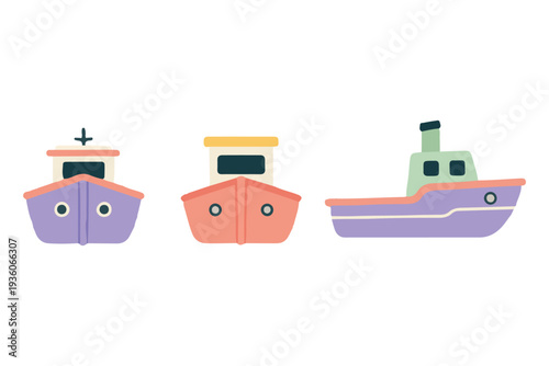 Marine Transportation and Nautical Ships Flat Vector Illustration Set