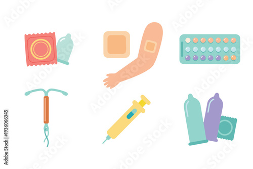 Contraception Methods and Birth Control Healthcare Flat Vector Set