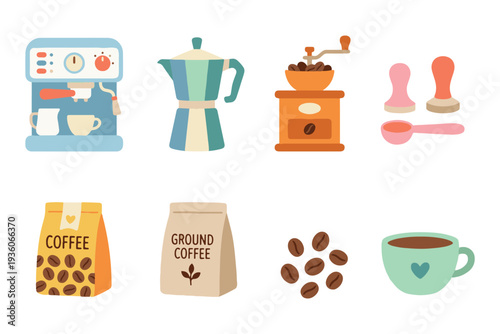 Gourmet Coffee Brewing Accessories and Coffee Shop Elements Vector