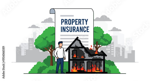 Modern vector illustration of house protected from flames by fire insurance coverage. Property damage protection and disaster risk management concept